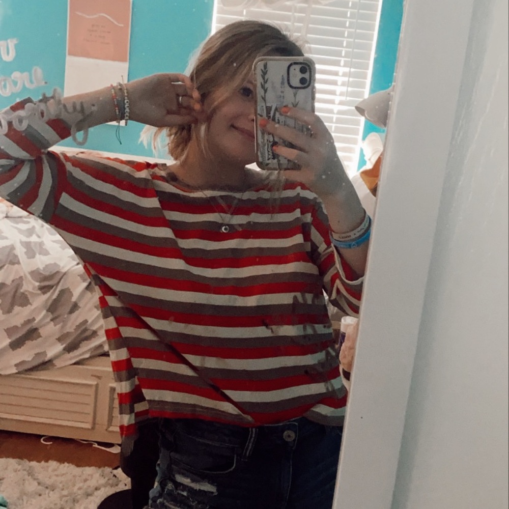Red grey & white striped top
